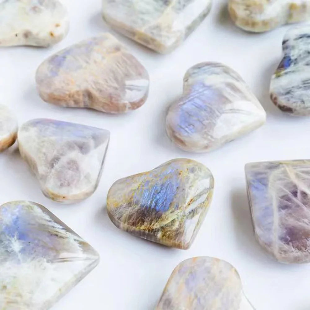 1Pc Rare Blue Moonstone Heart Moon Stone Natural Crystal Carving Real Gemstone For FengShui Healing Meditation Home Decor Gift