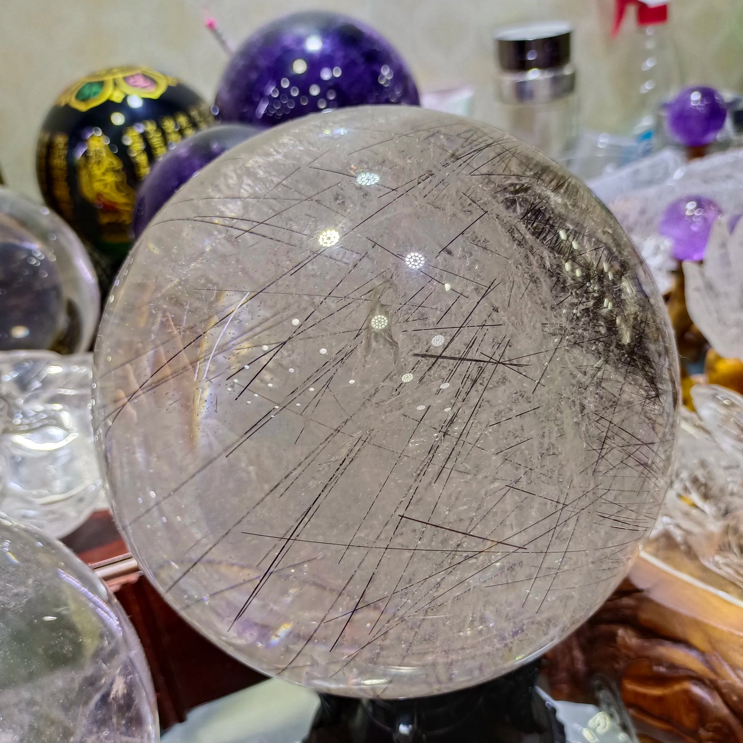 Magical Natural Hair Crystal Ball White Crystal Quartz Ball Mineral Reiki Healing Spirit Gem Home Office Degaussing Decoration