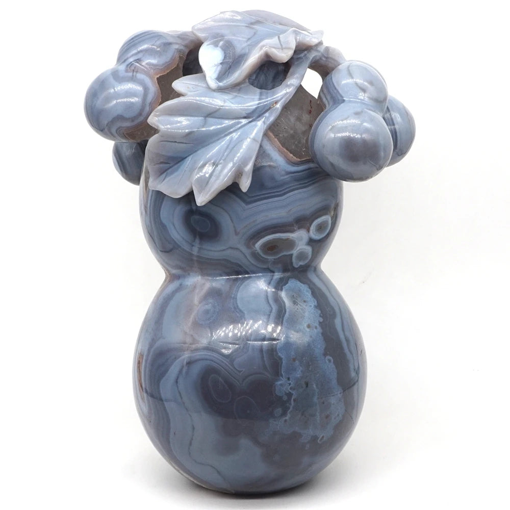 8.9" Gourd Statue Natural Gemstone Gray Agate Geode Crystal Hand Carved Reiki Healing Stone Figurine Craft Home Decoration Gift