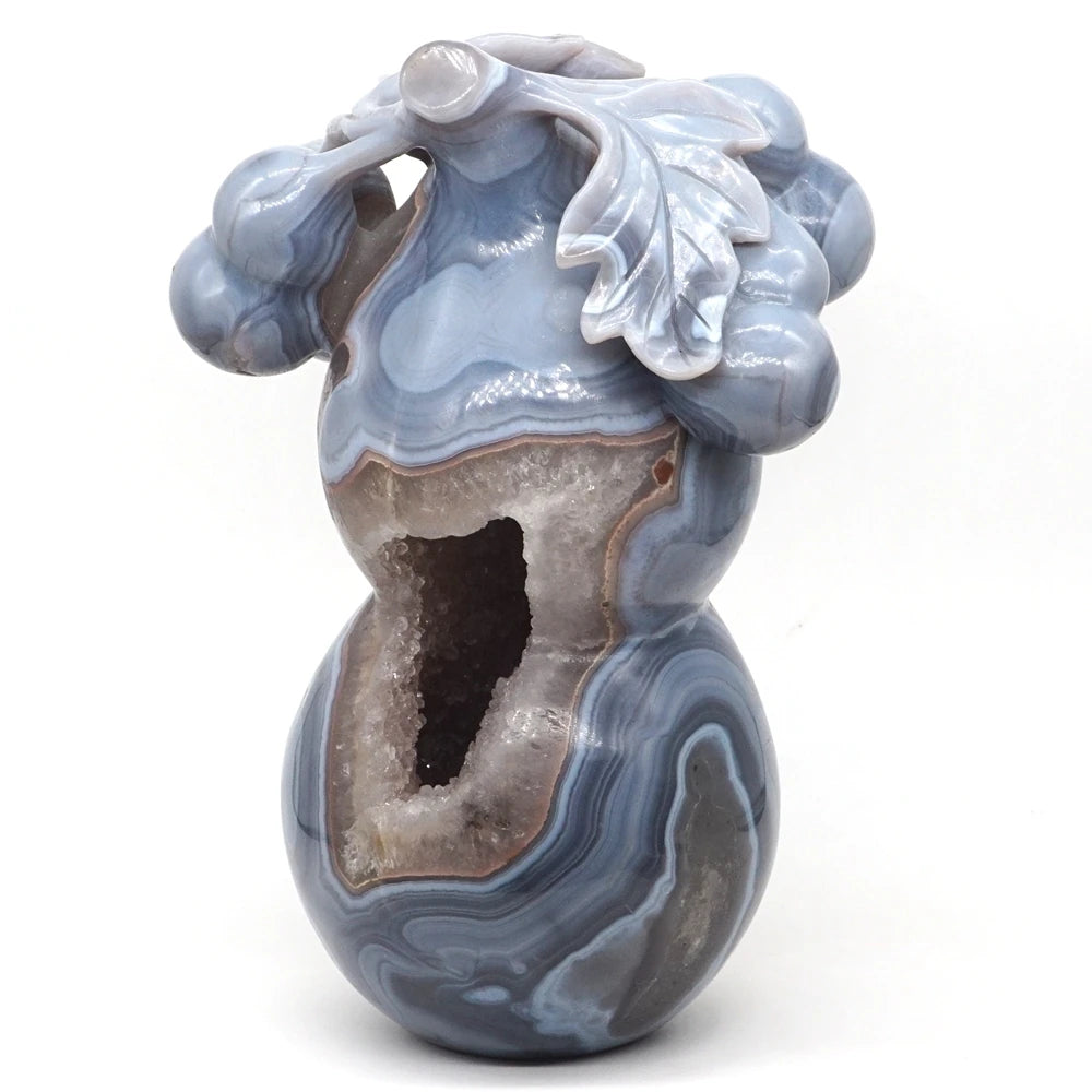 8.9" Gourd Statue Natural Gemstone Gray Agate Geode Crystal Hand Carved Reiki Healing Stone Figurine Craft Home Decoration Gift