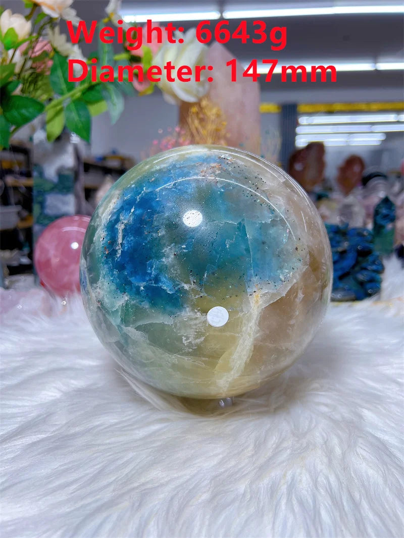 Natural Fluorite Pyrite Intergrow Sphere With Rain Bow Free Form Carving Reiki Healing Stone Home Decoration Exquisite Gift