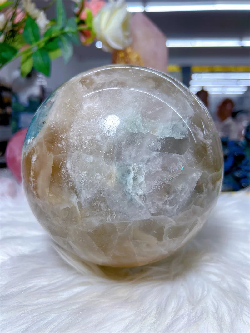 Natural Fluorite Pyrite Intergrow Sphere With Rain Bow Free Form Carving Reiki Healing Stone Home Decoration Exquisite Gift