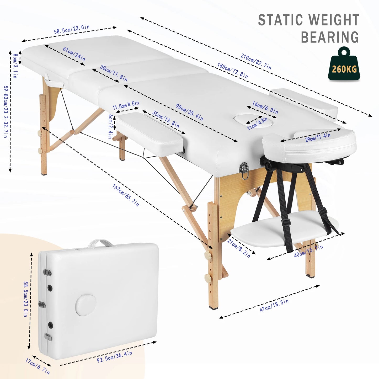 Portable Massage Table 3-Section Folding Height Adjustable Beauty Bed Lightweight Facial Spa Reiki Table Salon Tattoo Therapy