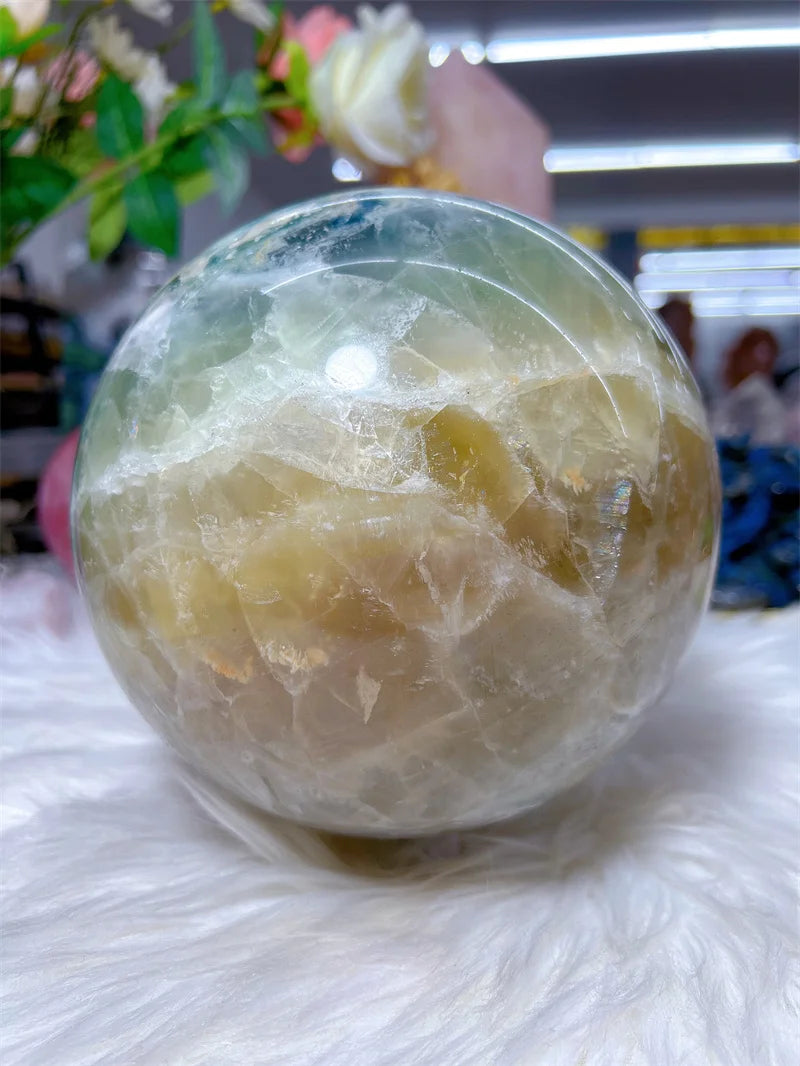 Natural Fluorite Pyrite Intergrow Sphere With Rain Bow Free Form Carving Reiki Healing Stone Home Decoration Exquisite Gift