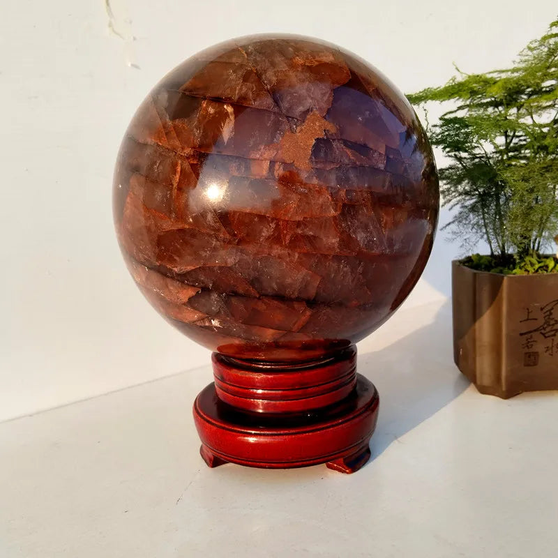 Natural Stone Red Hematiod Crystal Ball Feng Shui Quartz Sphere And Stand Ornaments Desk Home Room Decor Spiritual Reiki Healing
