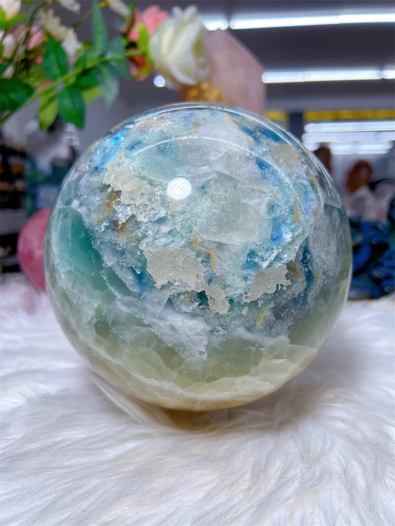 Natural Fluorite Pyrite Intergrow Sphere With Rain Bow Free Form Carving Reiki Healing Stone Home Decoration Exquisite Gift